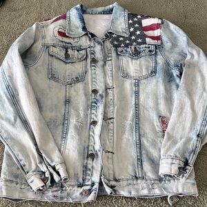 1738 DENIM Acid Washed Blue Jean Jacket American Flag USA Red White & Blue Small